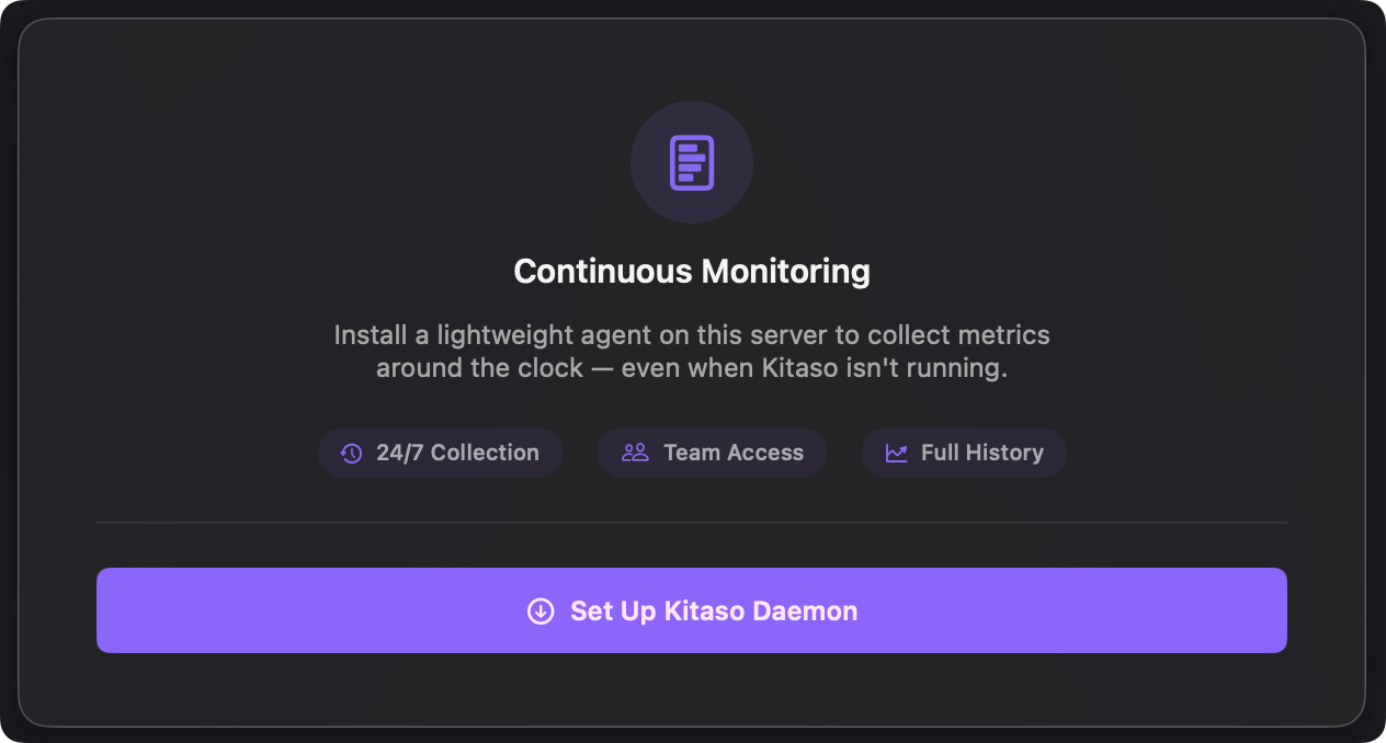 Kitaso Continuous Monitoring panel inviting the user to install the Kitaso Daemon for 24/7 collection, team access and full history