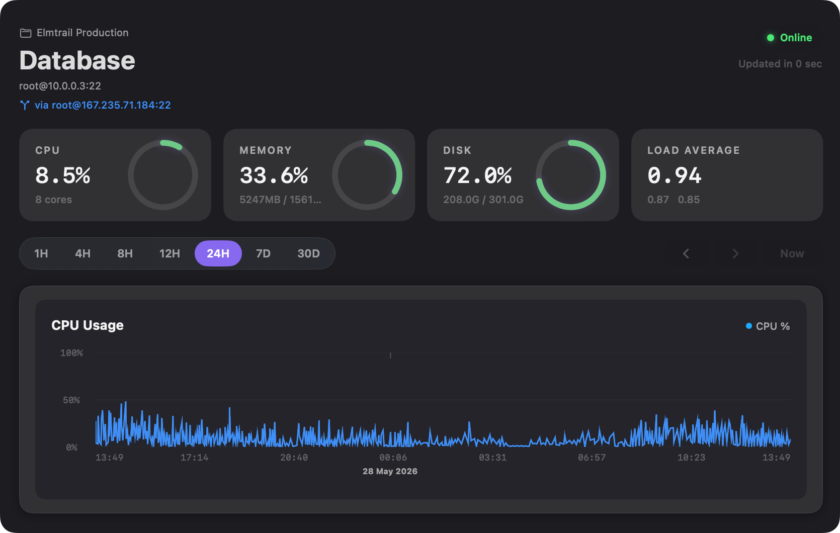Kitaso server detail view for the Database server showing CPU, memory, disk and load gauges at 24-hour range, with a CPU usage time-series chart