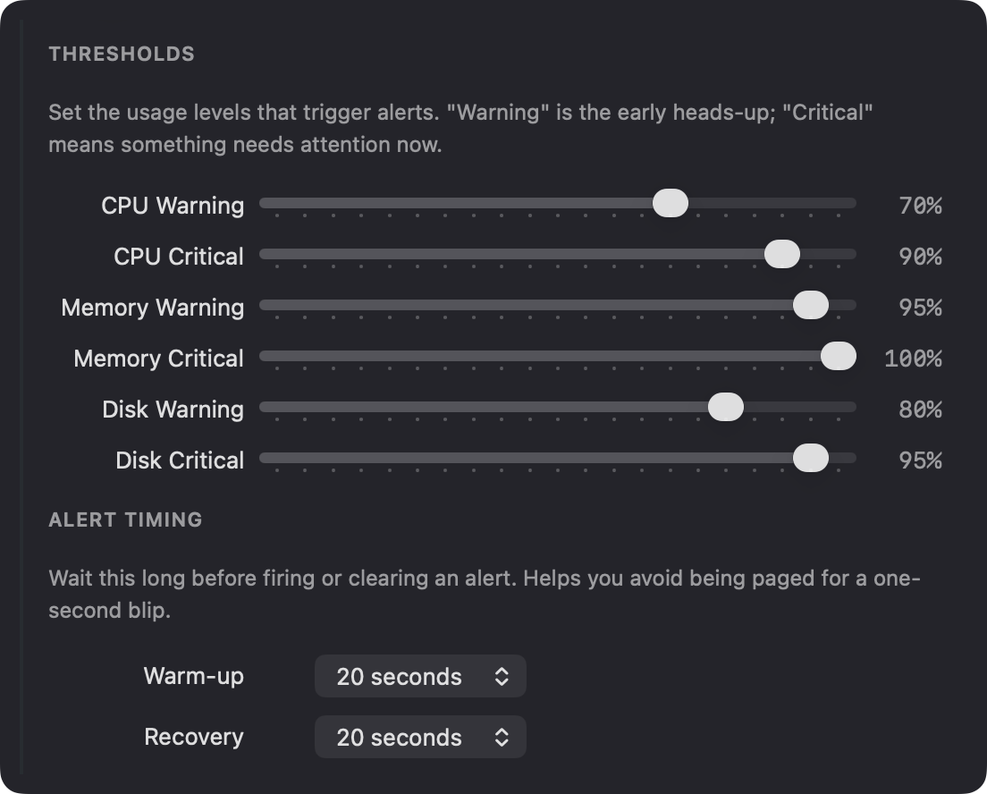 Kitaso threshold settings panel showing CPU, memory and disk warning and critical sliders plus warm-up and recovery timing controls
